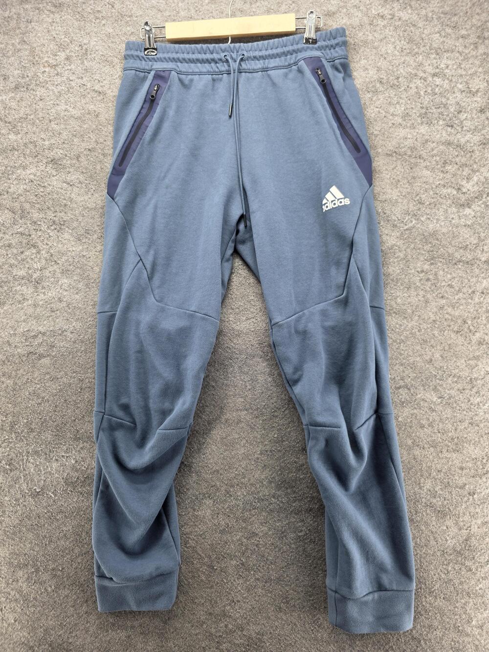 Adidas Pants Mens M Blue Jogger French Terry Elastic Waist Pockets Zip Pocket